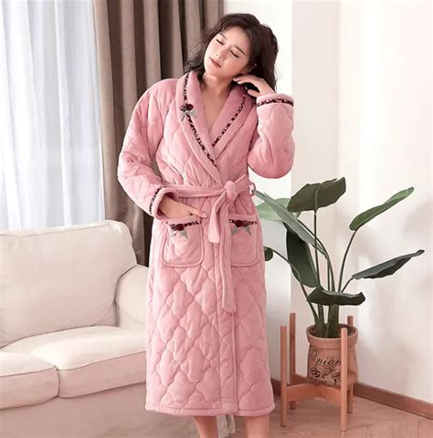 Pink Flannel Quilted Women Bathrobe Robes Autumn Winter Thick Warm Long