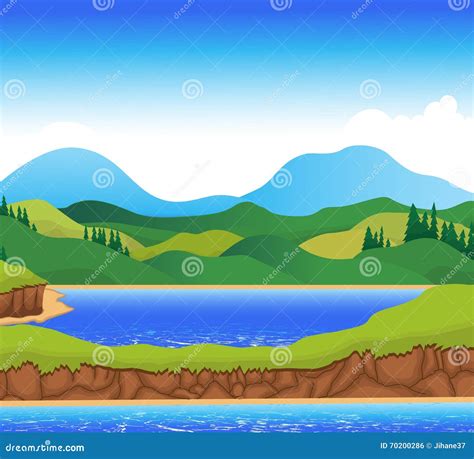 Beautiful View Of River Cartoon With Mountain Landscape Background