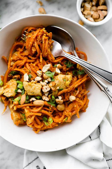 I cut 100's of calories and added loads of nutrition to these recipes for pad thai, so you can have a. Healthy Sweet Potato Chicken Pad Thai Recipe (Paleo ...