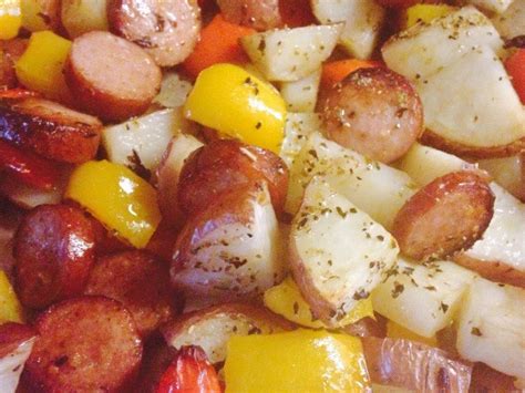 Peppers are chopped, onions are sliced and garlic is pressed. Smoked Sausage and Potato Bake - Farm Connection