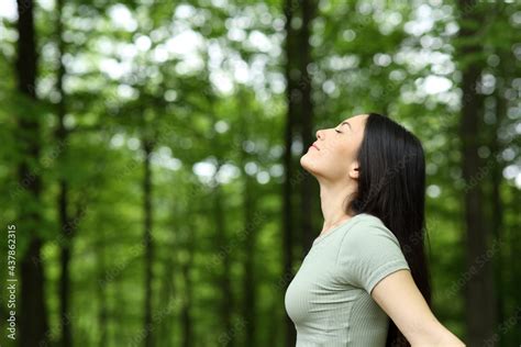 Asian Woman Breathing Fresh Air In A Forest Stock Photo Adobe Stock