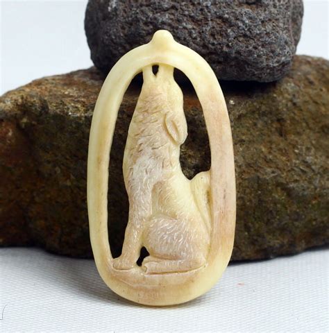 Hand Carved Wolf 28 Natural Buffalo Bone 925 Sterling Silver Pendant