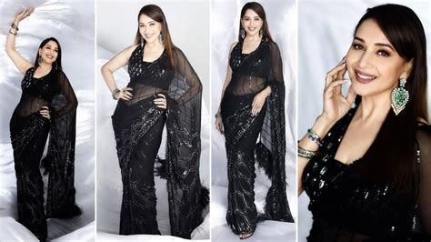 Madhuri Dixit Is ‘too Glam To Give A Damn In A Sheer Black Saree And Halter Neck Blouse See