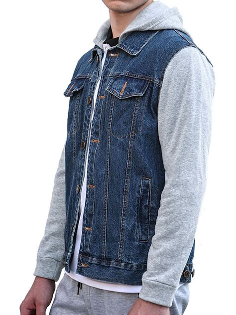 Mens Hoodie Jean Patchwork Sleeves Button Down Denim Jacket