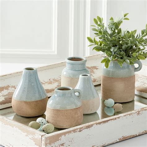 Glaze Topped Ceramic Bud Vase Set Of 5 Antique Farmhouse