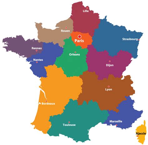 Slide 1, country outline map labeled with capital and major cities. Maps of the regions of France