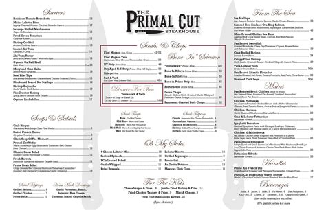 Menu At The Primal Cut Steakhouse Tinley Park