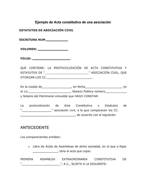 Ejemplo De Acta Constitutiva De Una Sociedad Civil Ejemplo De Actas