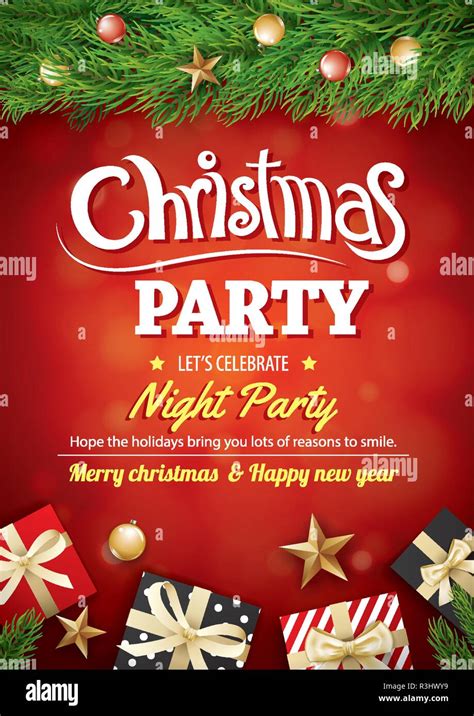 Merry Christmas Party T Box And Tree On Red Background Invitation