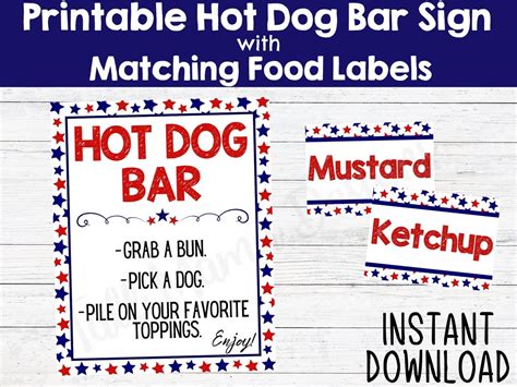 Hot Dog Bar Sign Printable Hot Dog Bar Food Labels Fourth Of Etsy