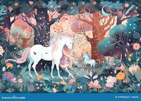 Fairy Tale Forest With Unicorns Ai Generative Stock Illustration