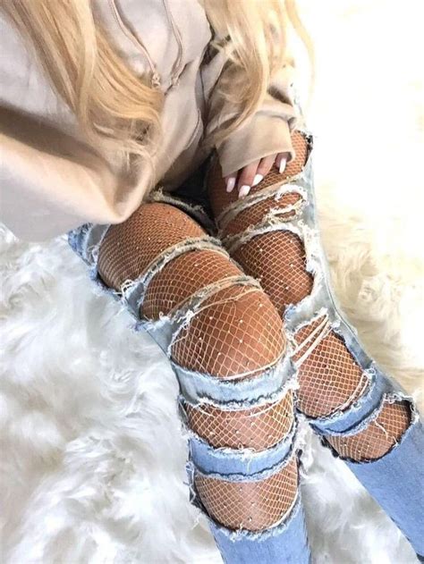 Ripped Jeans Tights Under Jeans Fashion Fishnet Tights