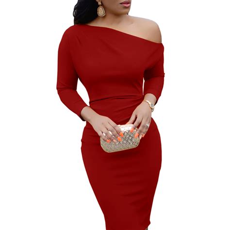 Sexy Dress Female Long Sleeve Knee Length Red Black Pencil Bodycon One Shoulder Best