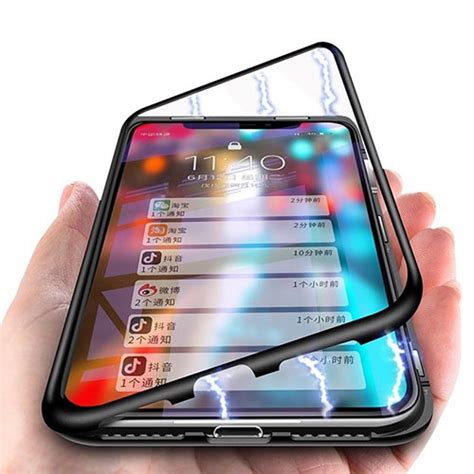 Iphone Xr Magnetic Absorption Metal Case With Tempered Glass Back