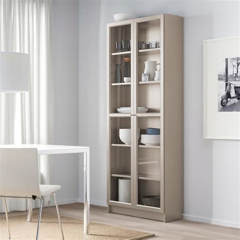 Billy Bookcase With Glass Doors Gray Metallic Effect 31 12x11 3