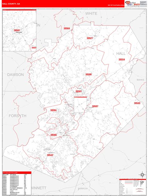 Hall County, GA Zip Code Wall Map Red Line Style by MarketMAPS