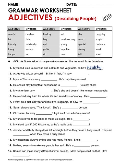 You will find all the comprehensive collection of questions with solutions in these worksheets which will help you to revise complete syllabus and score more marks in a fun way. English Grammar Adjectives (describing people) http://www ...