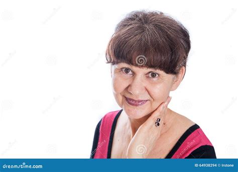 65 Years Old Woman Portrait Against Of White Background Pension Age Good Looking Woman Smiling