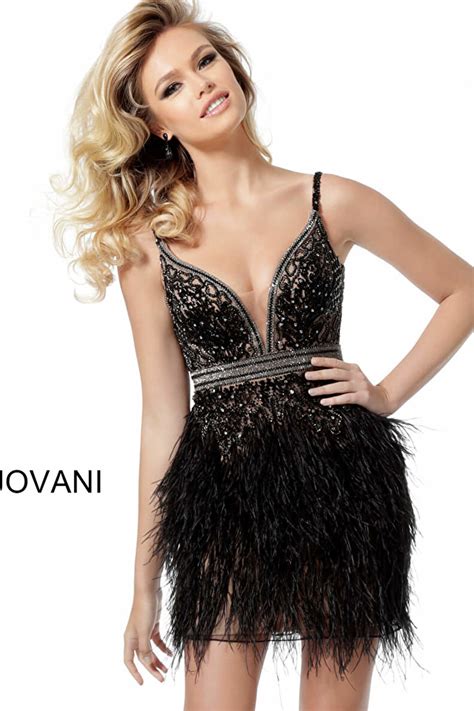 Jovani Black Nude Beaded Feather Trim Short Dress