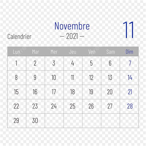 Calendar November Vector Design Images French November 2021 Blue