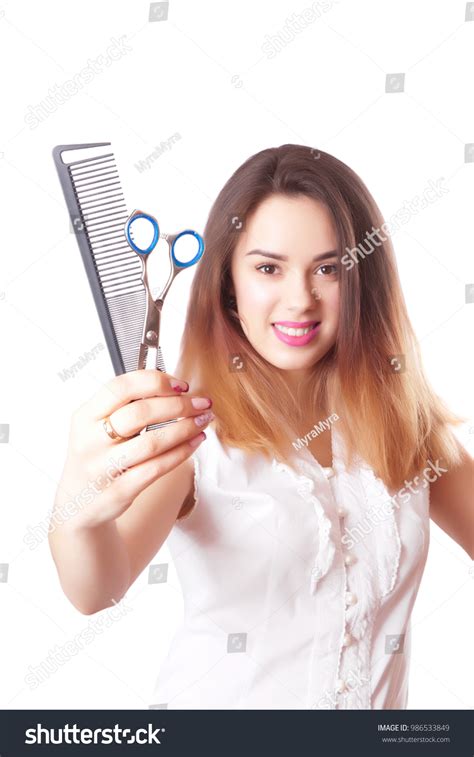 Cute Girl Hairdresser Scissors Comb Isolated Stock Photo 986533849