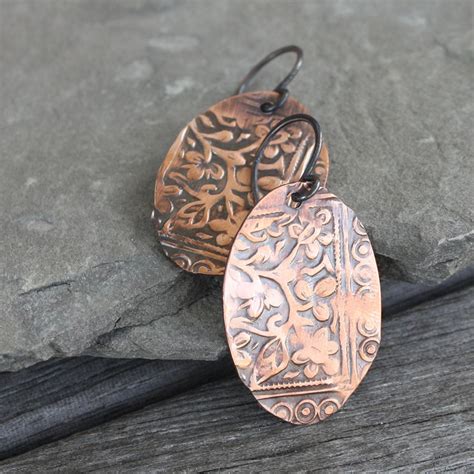 Athena Etched Copper Earrings Artisan Etched Copper Etsy