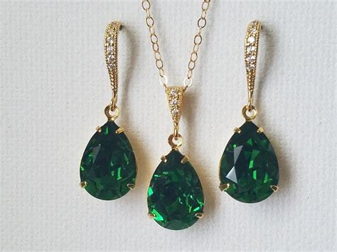 Dark Moss Green Crystal Jewelry Set Swarovski Green Rhinestone Gold