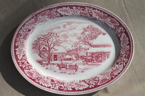 Vintage Red Transferware Currier And Ives China Home To Thanksgiving