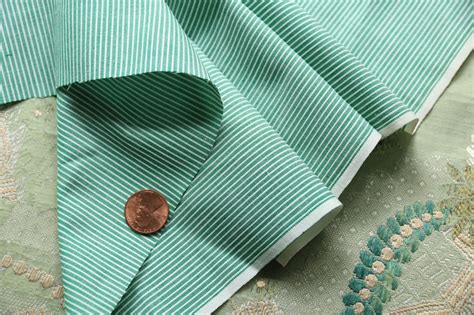 Vintage Cotton Pinstripe Fabric Green White Stripe Pattern
