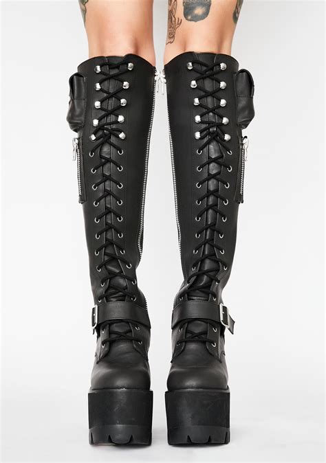 club exx heeled knee high platform pocket combat boots black dolls kill