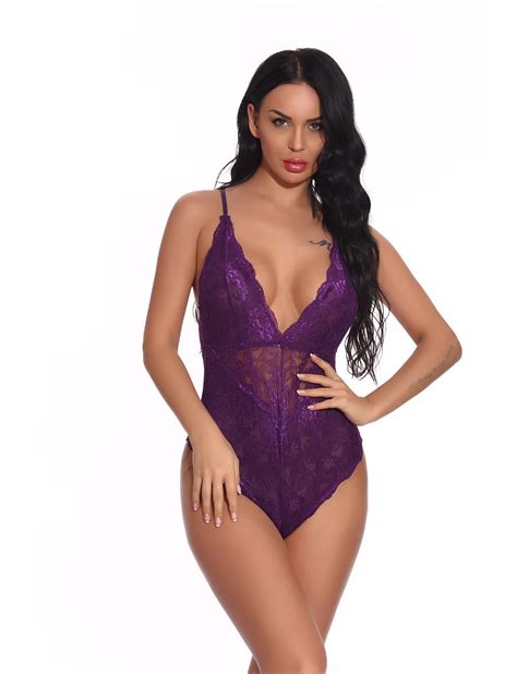 Top She Teddy Lingerie For Women Snap Crotch Underwear Sexy Deep V Lace Bodysuit One Piece