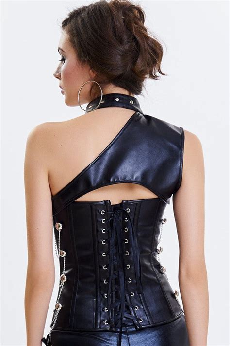 szivyshi womens black faux leather spiral steel boned halter steampunk gothic bustier corset top