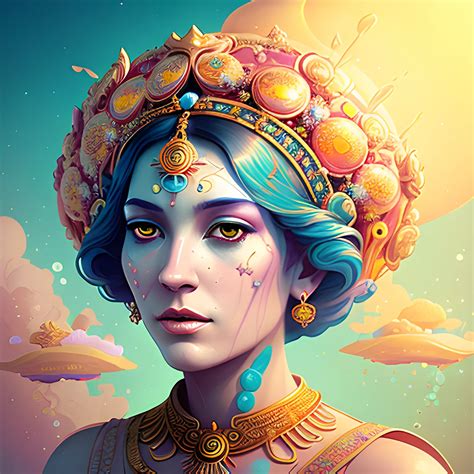 Flowery beautiful face empress or priestess with gold jewellery