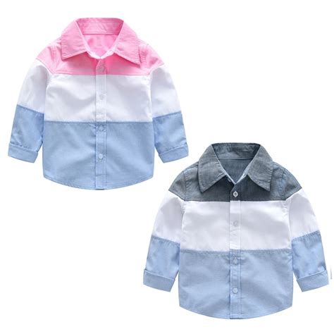 Kids Boys Spring Autumn Long Sleeve Button Up Color Block Cotton Shirt