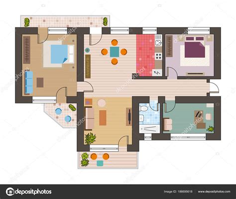 Architectural Flat Plan Top View With Living Rooms Bathroom Kitchen And