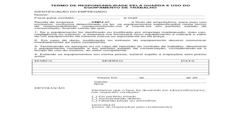 Termo De Responsabilidade De Equipamentos Pdf Document