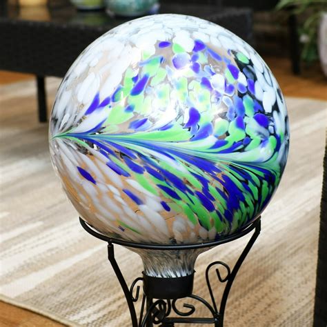 Sunnydaze Floral Spring Splash Gazing Ball White Blue And Green Decorative Glass Garden Globe