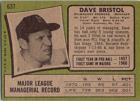 1971 Topps Baseball 637 Dave Bristol Ebay