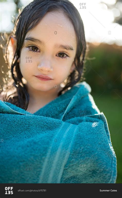 Little Girl Wrapped In A Blue Towel Stock Photo Offset