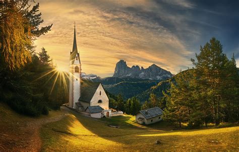 Wallpaper Trees Sunset Mountains Italy Church Italy