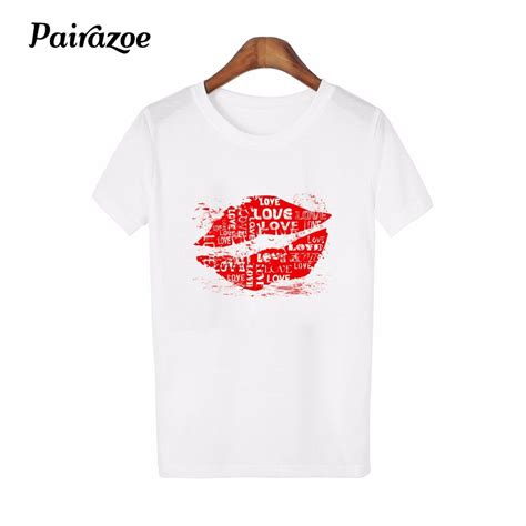 Pairazoe Sexy Red Lips Print Girls Tshirt Ladies Casual T Shirts Women Streetwear T Shirt