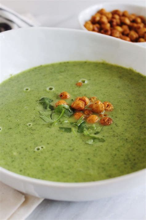 Vegan Broccoli Kale Soup With Crispy Chickpeas Parsnips And Pastries