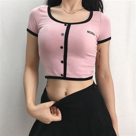 Womens Short Sleeve Casual Tshirts Korean Fashion Pink Cute Crop Top Patchwork Fake Button Short