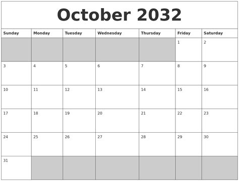 October 2032 Blank Printable Calendar