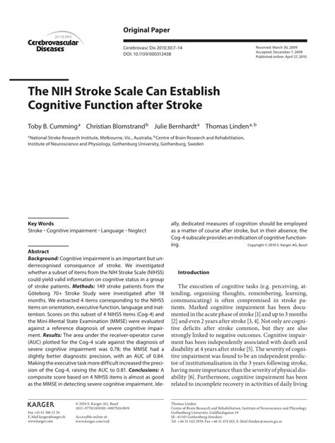 Pdf The Nih Stroke Scale Can Establish Cognitive Function After Stroke