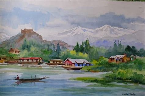Kashmir Dal Lake From Houseboat Painting By Professional Artist Chitra