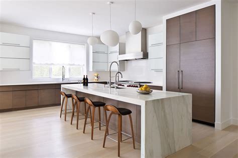 Modern Kitchen With Waterfall Island Countertop Modern Kitchen Island