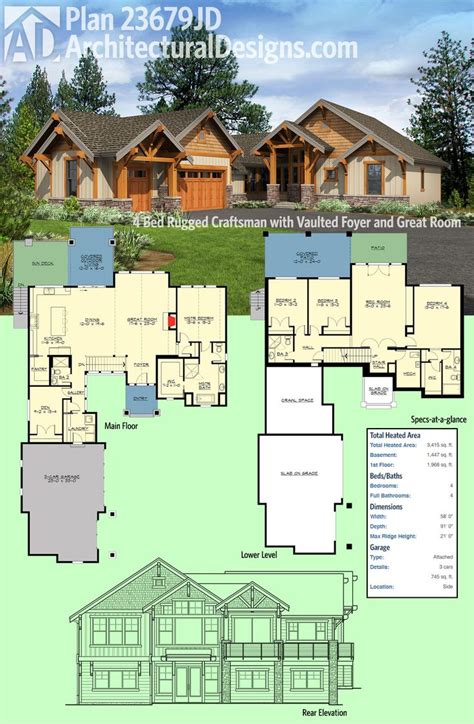 Plan JD Bed Rugged Craftsman With Vaulted Foyer And Great Room Craftsman House Plans