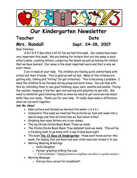 Sample Welcome To Kindergarten Letters Our Kindergarten Newsletter