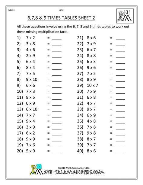 Free Math Sheets Multiplication 6 9 Times Tables